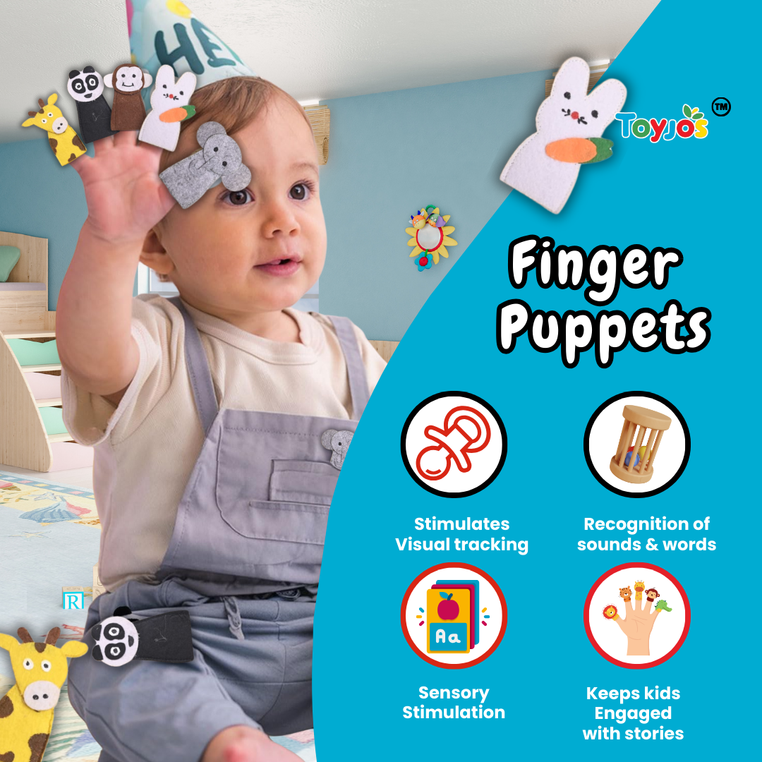 Toyjos Baby's Essentials –Wooden Teethers, Rattlers, High-Contrast Flashcards, Finger Puppets | Wooden Storage Box (0–12 Months)