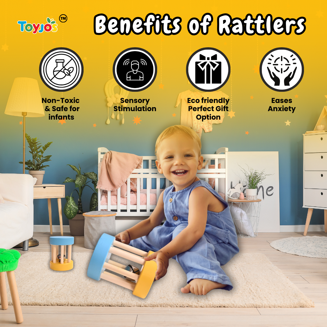 Toyjos Baby's Essentials –Wooden Teethers, Rattlers, High-Contrast Flashcards, Finger Puppets | Wooden Storage Box (0–12 Months)
