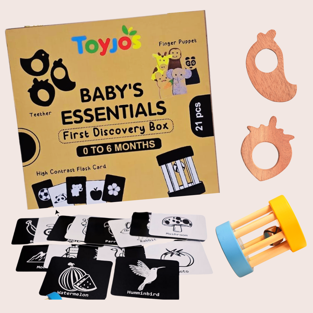 Toyjos Baby's Essentials –Wooden Teethers, Rattlers, High-Contrast Flashcards, Finger Puppets | Wooden Storage Box (0–12 Months)