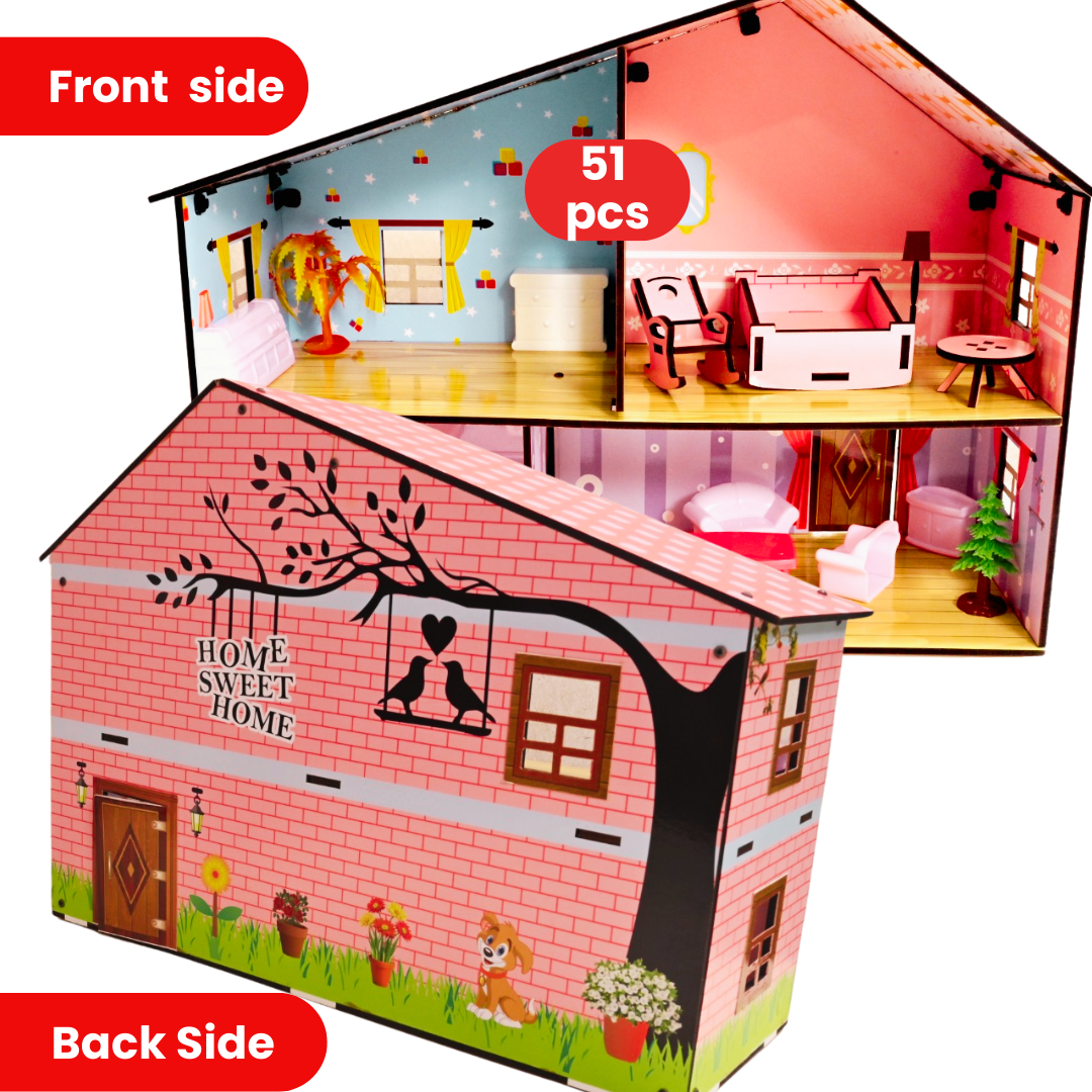 Toyjos 2-Story Wooden Dollhouse Playset | Pretend Play with Furniture& Accessories – Safe, Eco-Friendly, and Durable