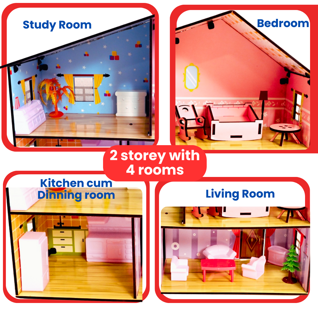 Toyjos 2-Story Wooden Dollhouse Playset | Pretend Play with Furniture& Accessories – Safe, Eco-Friendly, and Durable