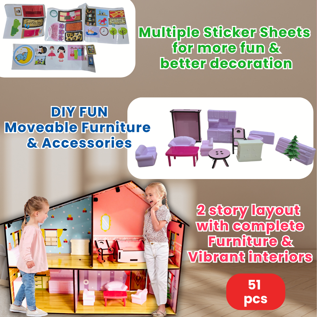 Toyjos 2-Story Wooden Dollhouse Playset | Pretend Play with Furniture& Accessories – Safe, Eco-Friendly, and Durable