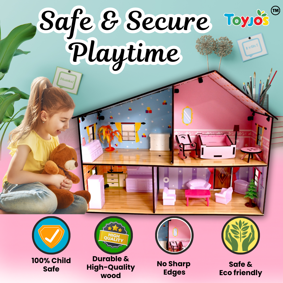 Toyjos 2-Story Wooden Dollhouse Playset | Pretend Play with Furniture& Accessories – Safe, Eco-Friendly, and Durable