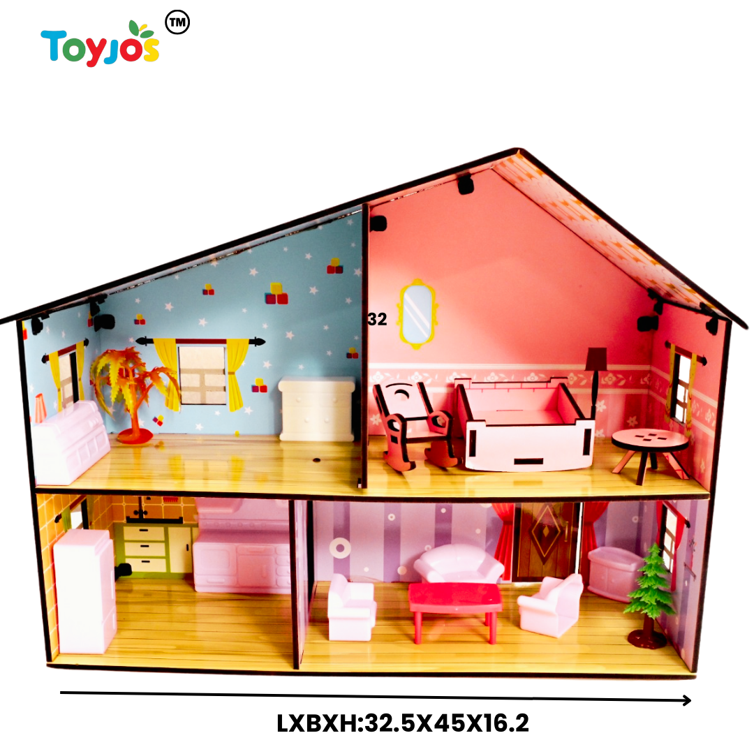 Toyjos 2-Story Wooden Dollhouse Playset | Pretend Play with Furniture& Accessories – Safe, Eco-Friendly, and Durable