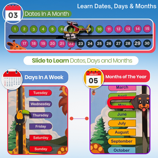 Toyjos 7-in-1 Wooden STEM Calendar, Clock, Weather & Seasons Learning Board for Kids.