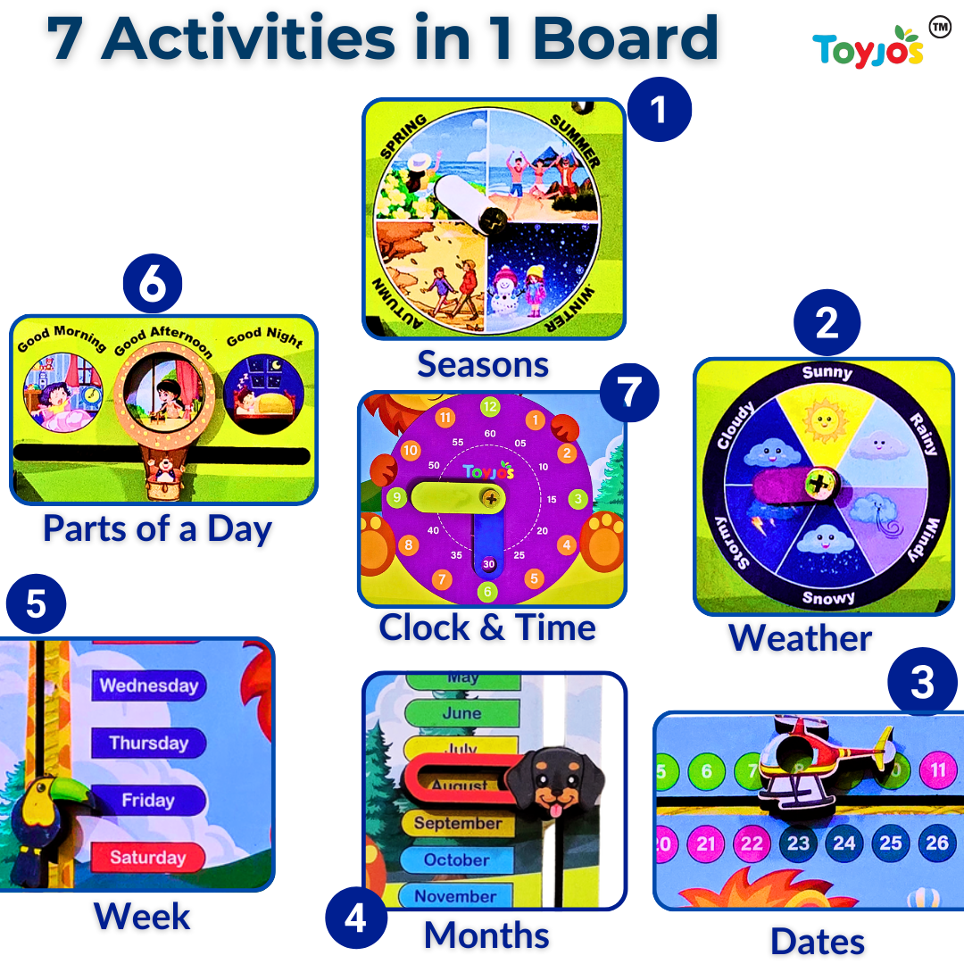 7-in-1 Wooden STEM Calendar, Clock, Weather & Seasons Learning Board for Kids.