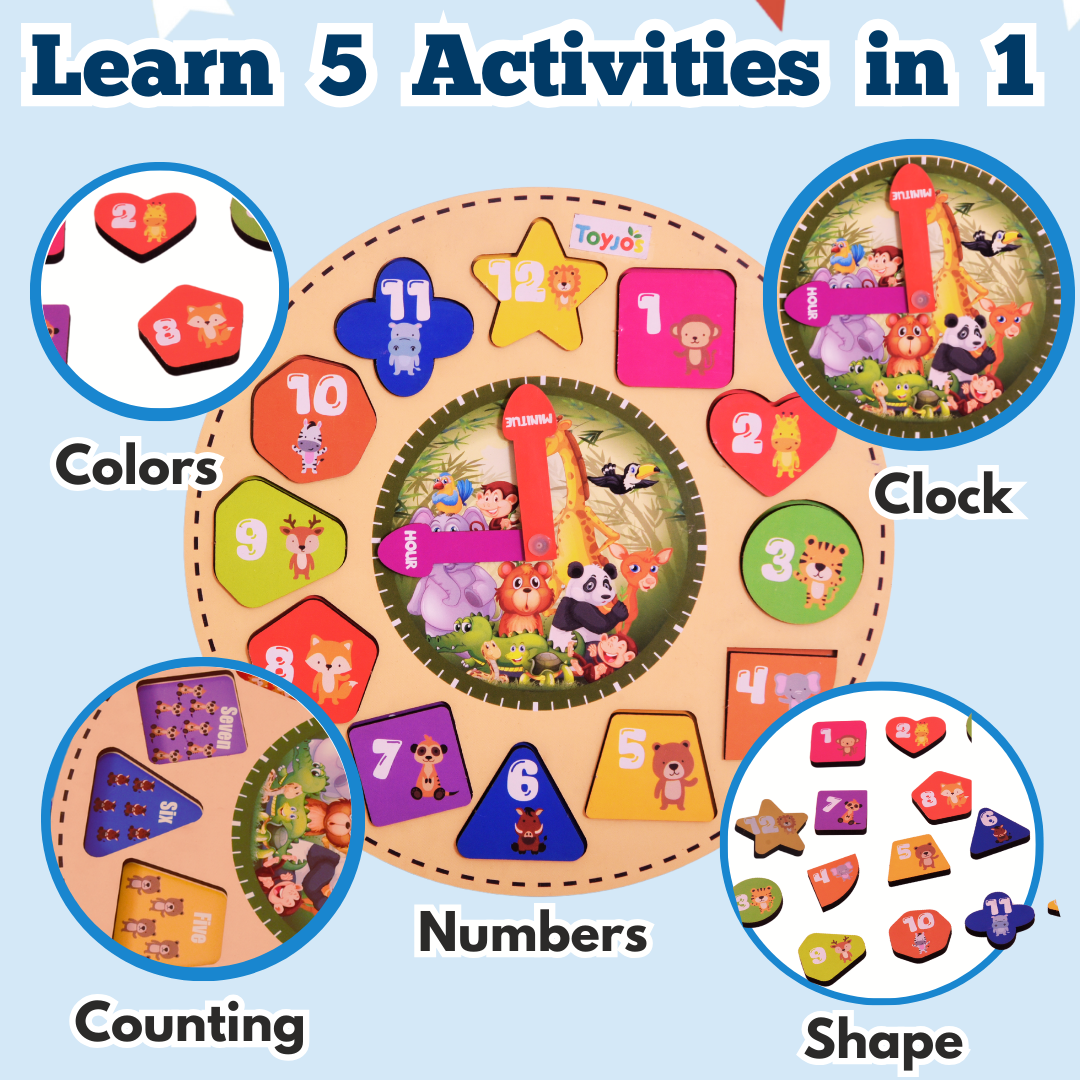 Toyjos Animal-Themed multi skills Learning Clock: Time, Counting & Shape Sorter
