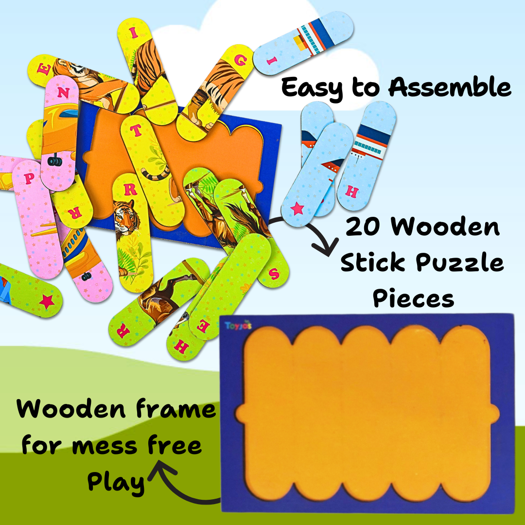 Toyjos Double-Sided 8-in-1 Wooden Framed Stick Puzzle – Animal & Transport theme