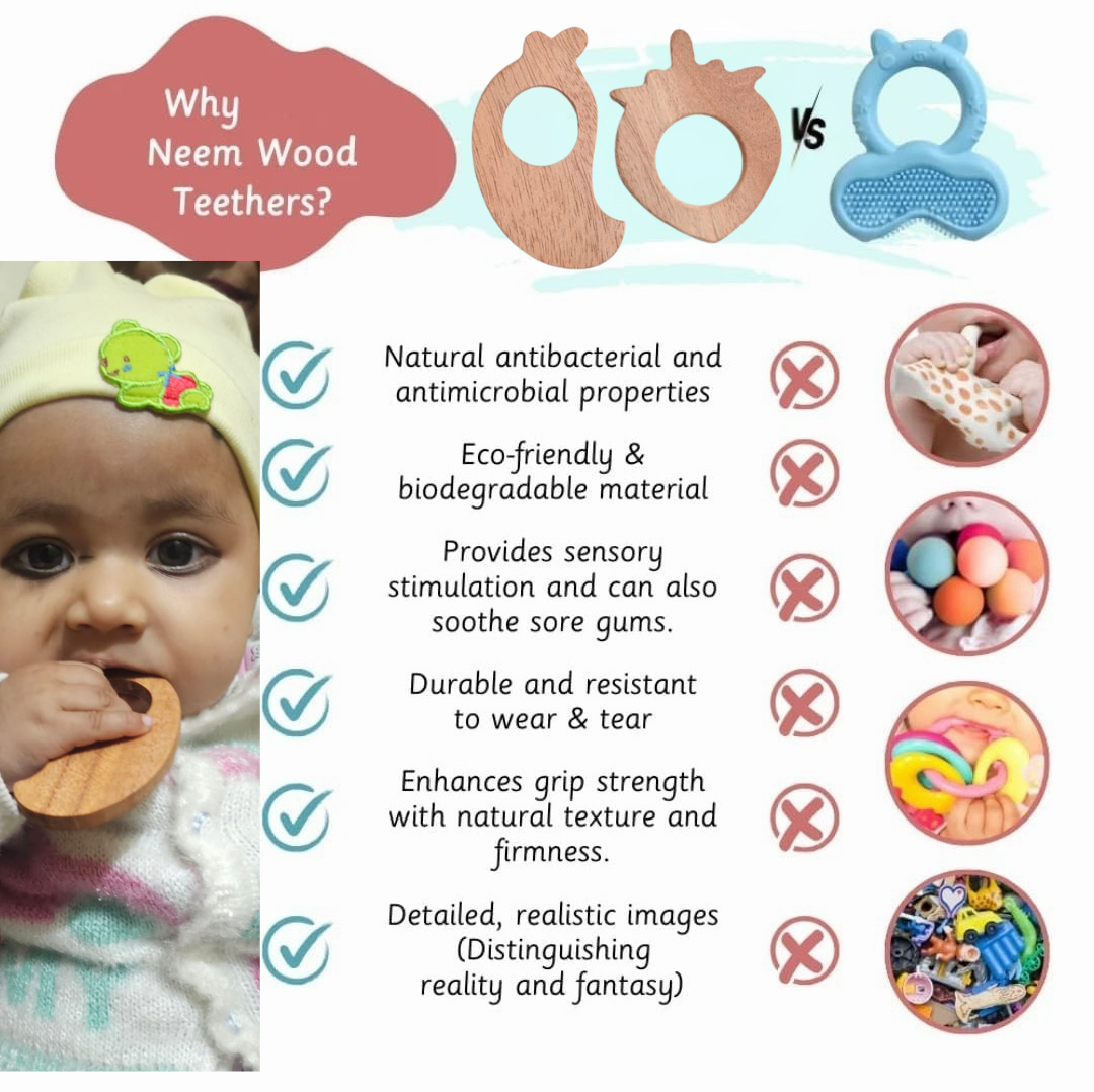 "Toyjos Natural Neem Wood Teethers β Set of 2 | Safe, Non-Toxic & Eco-Friendly Baby Teething Toy"