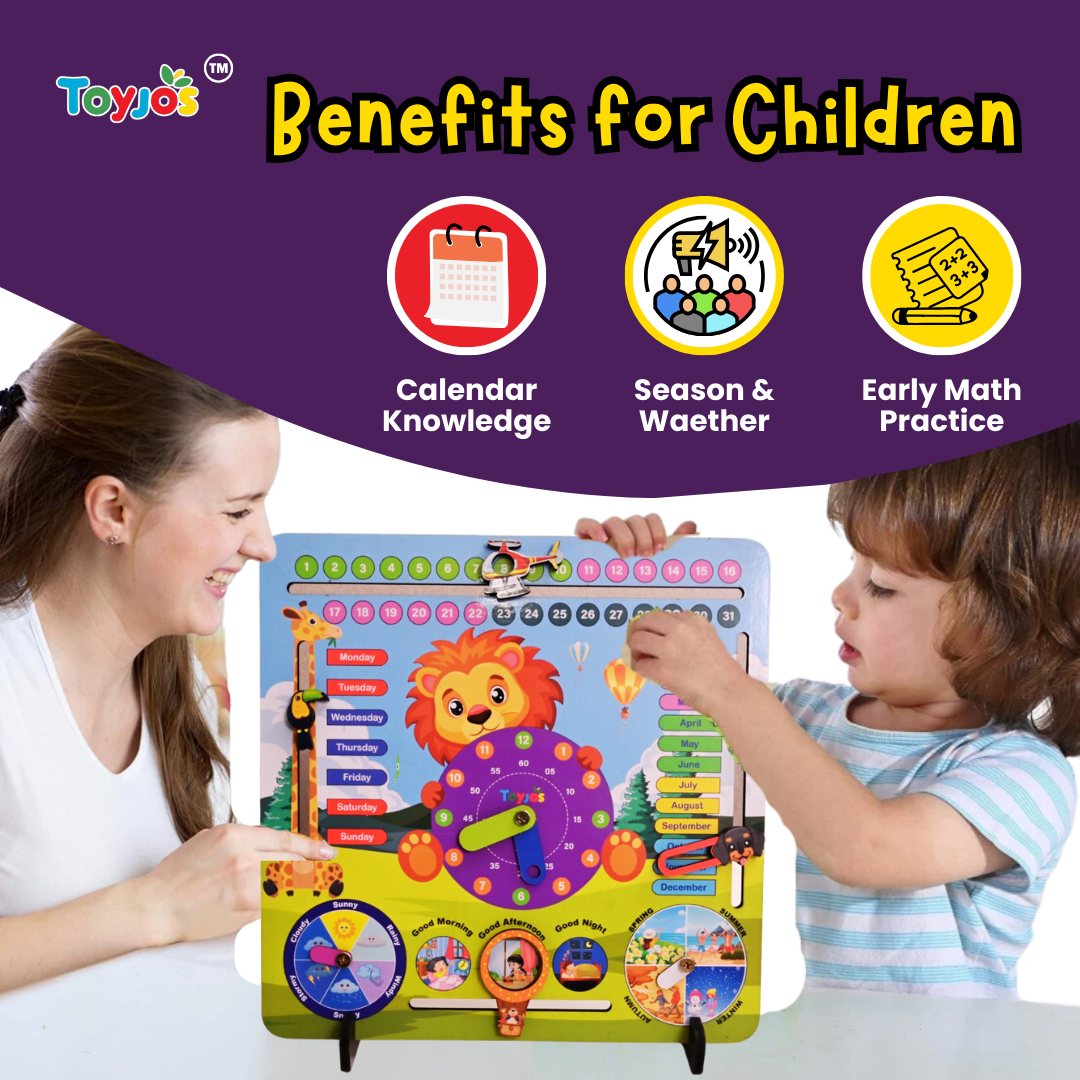 Toyjos 7-in-1 Wooden STEM Calendar, Clock, Weather & Seasons Learning Board for Kids.