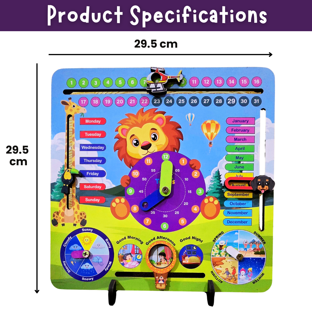 Toyjos 7-in-1 Wooden STEM Calendar, Clock, Weather & Seasons Learning Board for Kids.