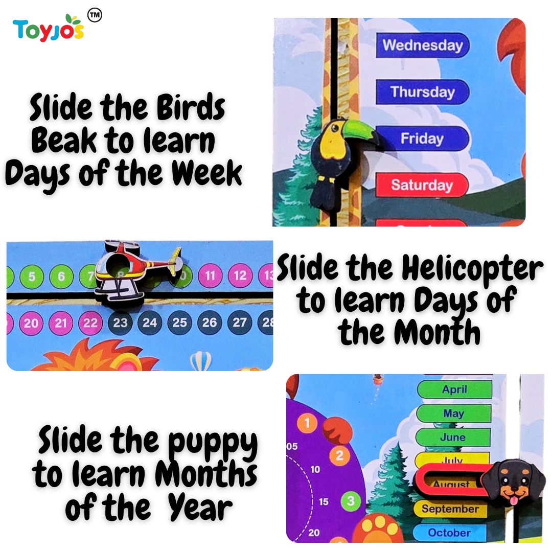 Toyjos 7-in-1 Wooden STEM Calendar, Clock, Weather & Seasons Learning Board for Kids.