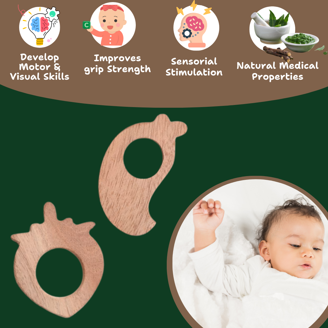 "Toyjos Natural Neem Wood Teethers β Set of 2 | Safe, Non-Toxic & Eco-Friendly Baby Teething Toy"