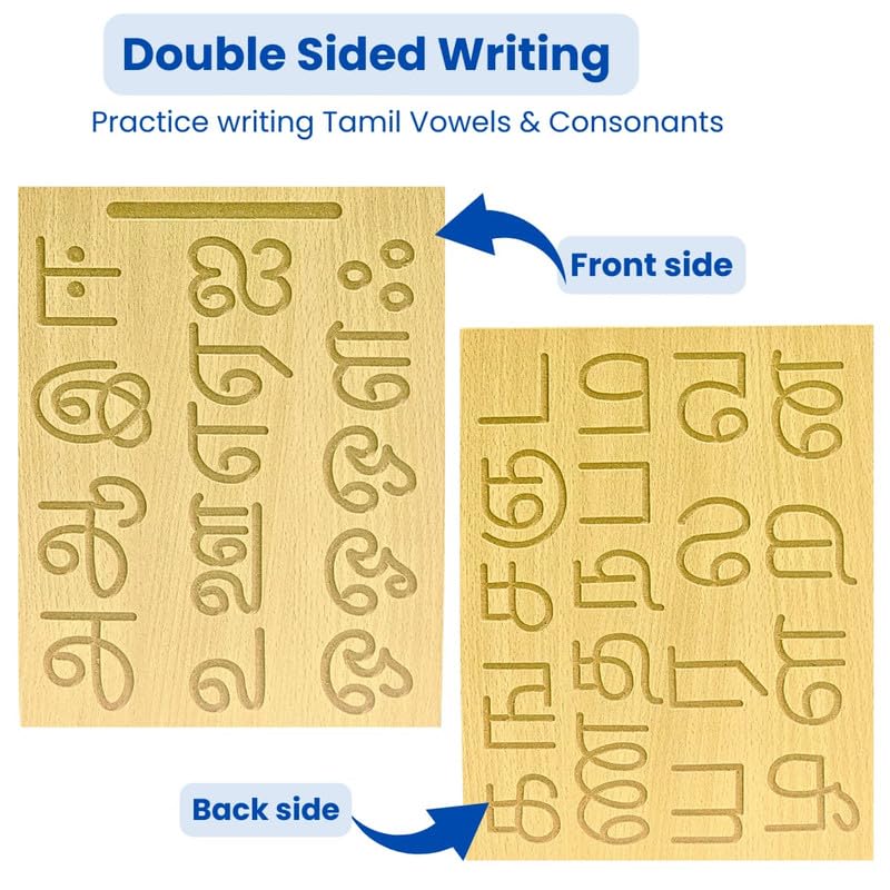 Wooden Tracing Board for Kids - Tamil Alphabet Letters Engraved Double-Sided Learning Tool - Montessori Learning Writing Slate with Stylus Pen for Ages 2β5 Years (Pack of 1)