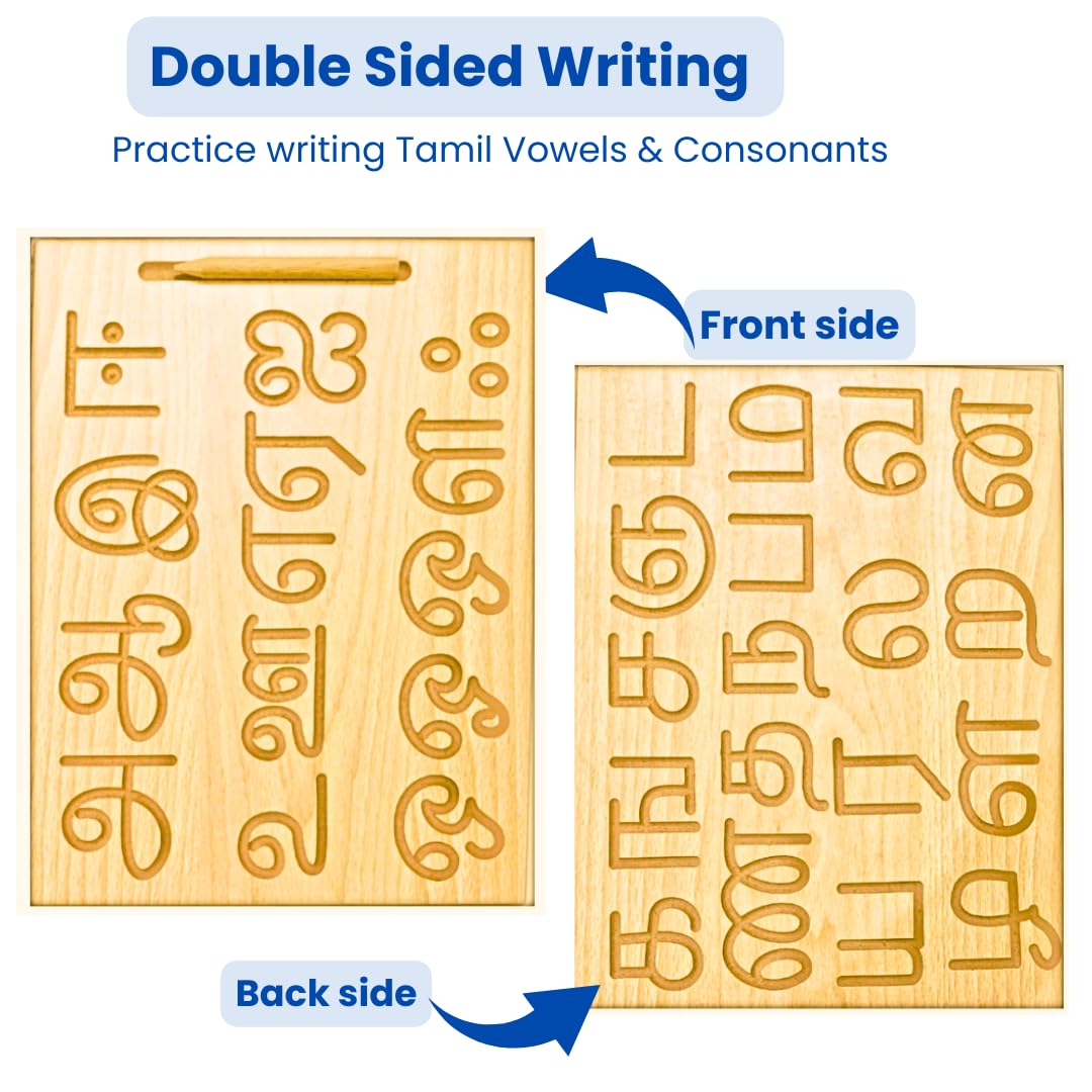 Wooden Tracing Board Combo Set for Kids | English, Math, Tamil Alphabet Letter Engraved Double-Sided Learning Tool | Montessori Learning Writing Slate with Stylus Pen for Ages 2β5 Years