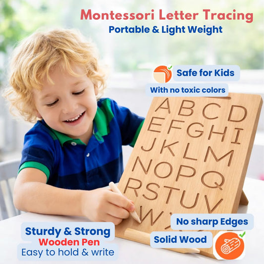 Wooden Tracing Board Combo Set for Kids | English, Maths, Kannada Alphabet Letters Engraved Double-Sided Learning Tool | Montessori Learning Writing Slate with Stylus Pen for Ages 2–5 Years