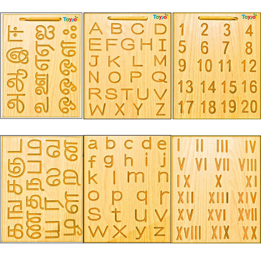 Wooden Tracing Board Combo Set for Kids | English, Math, Tamil Alphabet Letter Engraved Double-Sided Learning Tool | Montessori Learning Writing Slate with Stylus Pen for Ages 2β5 Years