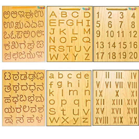 Wooden Tracing Board Combo Set for Kids | English, Maths, Kannada Alphabet Letters Engraved Double-Sided Learning Tool | Montessori Learning Writing Slate with Stylus Pen for Ages 2β5 Years