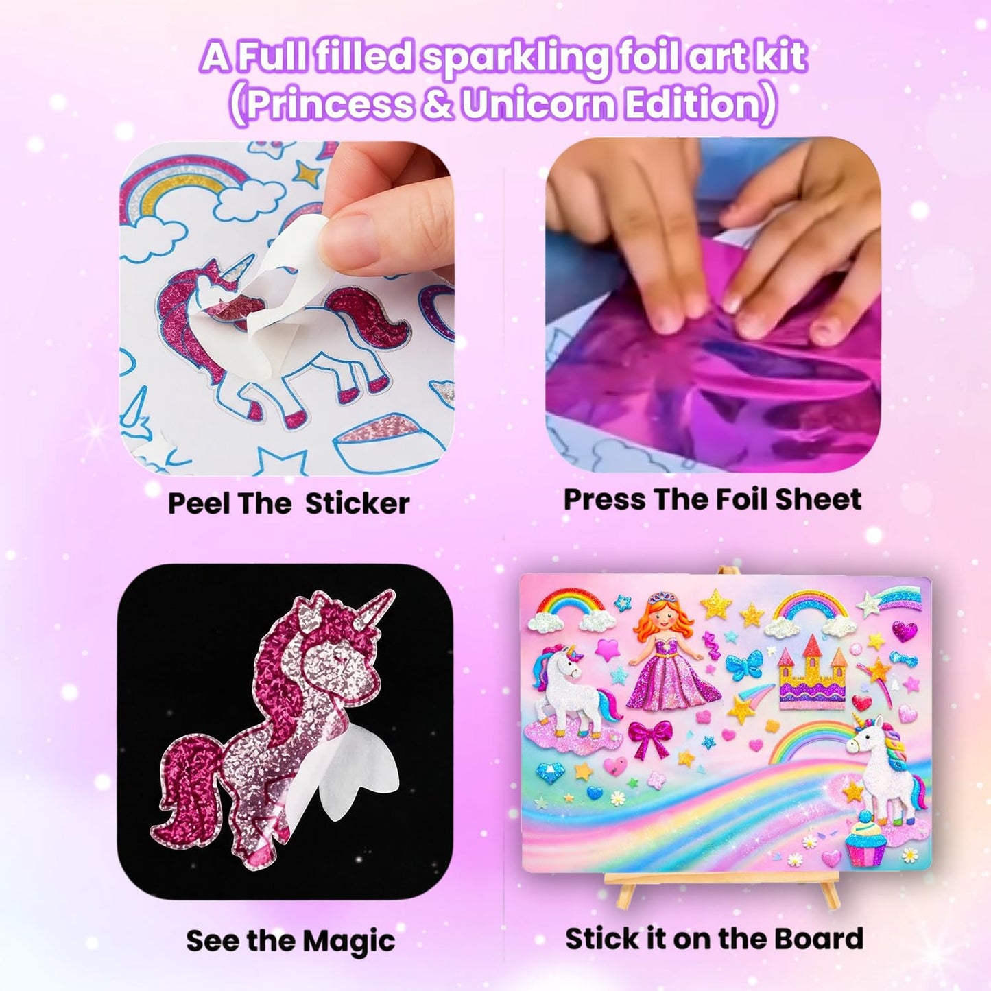TOYJOS Foil Wonder Unicorn & Princess Art Kit for Kids | No Mess DIY Foil Craft Set | Creative Activity for Girls & Boys Ages 4-9 | Educational Gift & Travel Art Toy for Kids