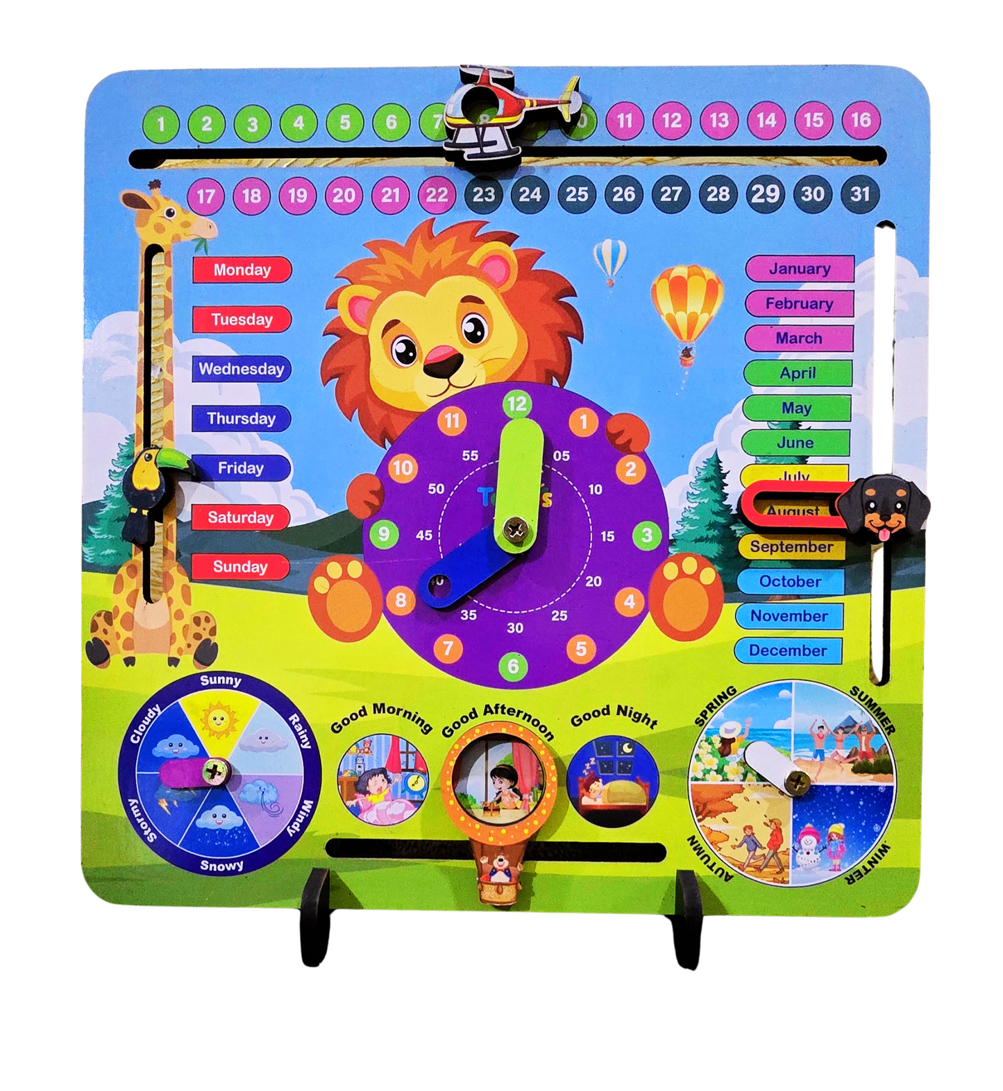 Toyjos 7-in-1 Wooden STEM Calendar, Clock, Weather & Seasons Learning Board for Kids.