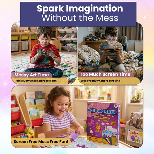 TOYJOS Foil Wonder Unicorn & Princess Art Kit for Kids | No Mess DIY Foil Craft Set | Creative Activity for Girls & Boys Ages 4-9 | Educational Gift & Travel Art Toy for Kids