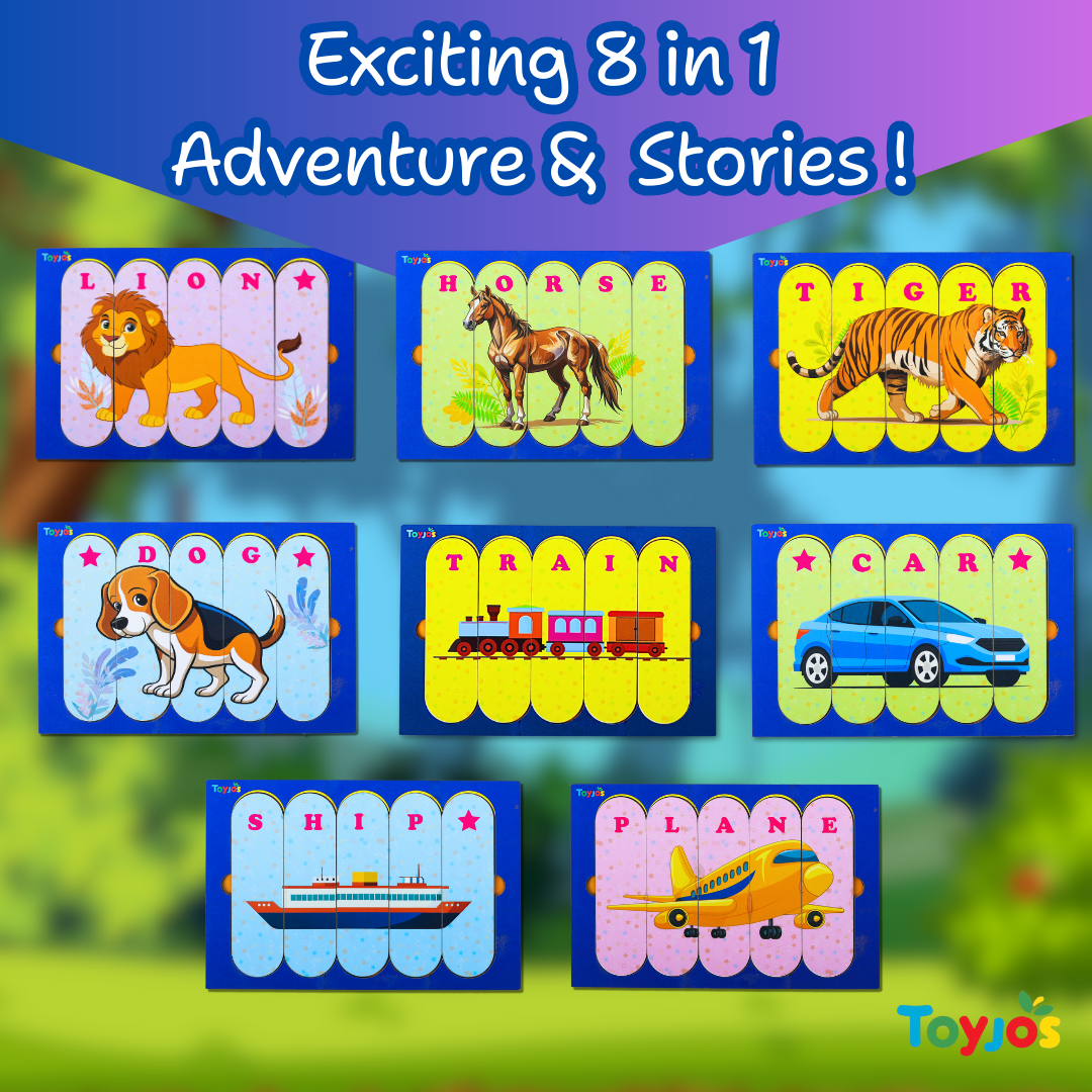 Toyjos Double-Sided 8-in-1 Wooden Framed Stick Puzzle – Animal & Transport theme