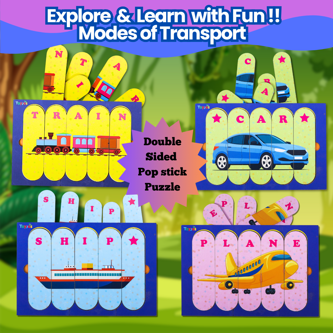 Toyjos Double-Sided 8-in-1 Wooden Framed Stick Puzzle – Animal & Transport theme