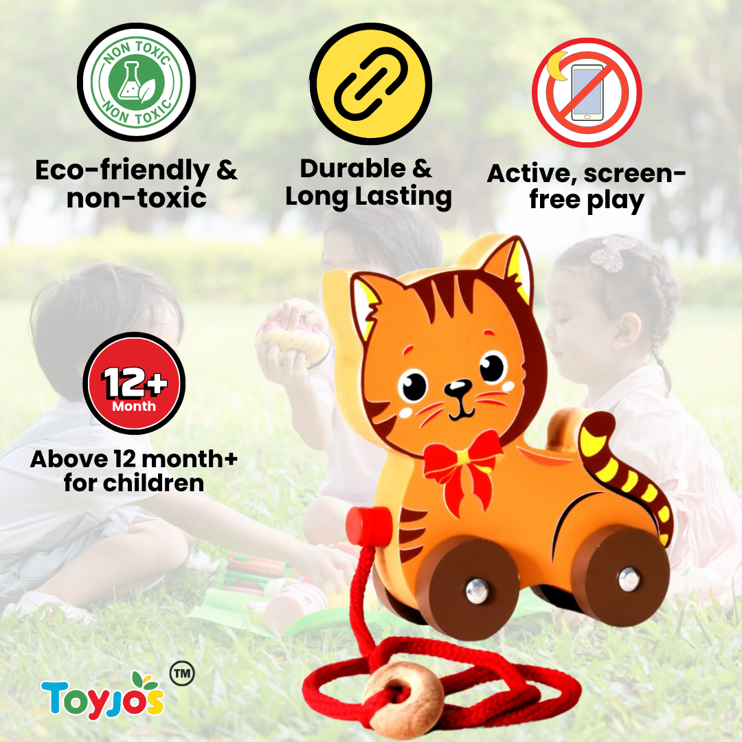 Toyjos Pull-Along Wooden Cat–Safe,Durable & Fun Learning Toy for Toddlers
