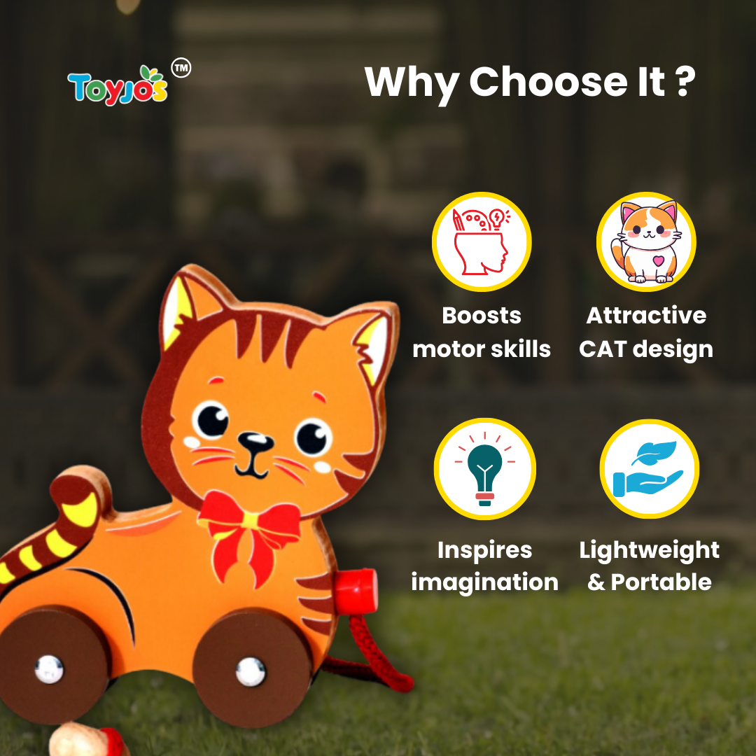 Toyjos Pull-Along Wooden Cat–Safe,Durable & Fun Learning Toy for Toddlers