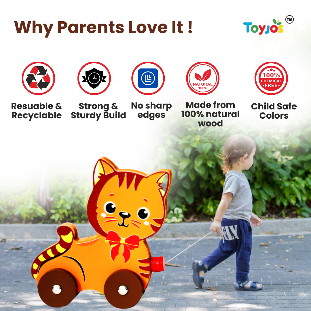 Toyjos Pull-Along Wooden Cat–Safe,Durable & Fun Learning Toy for Toddlers