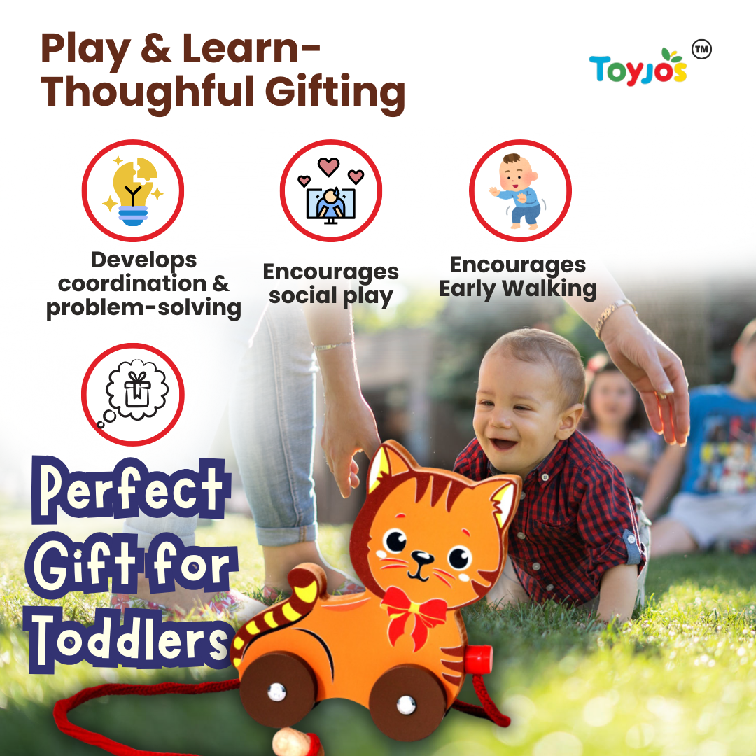 Toyjos Pull-Along Wooden Cat–Safe,Durable & Fun Learning Toy for Toddlers