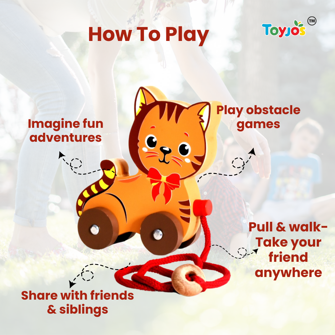 Toyjos Pull-Along Wooden Cat–Safe,Durable & Fun Learning Toy for Toddlers