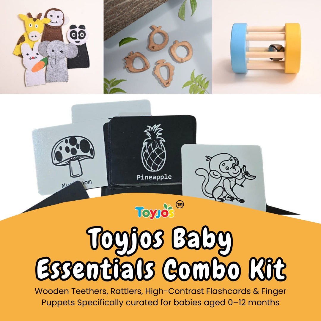 Toyjos Baby's Essentials –Wooden Teethers, Rattlers, High-Contrast Flashcards, Finger Puppets | Wooden Storage Box (0–12 Months)