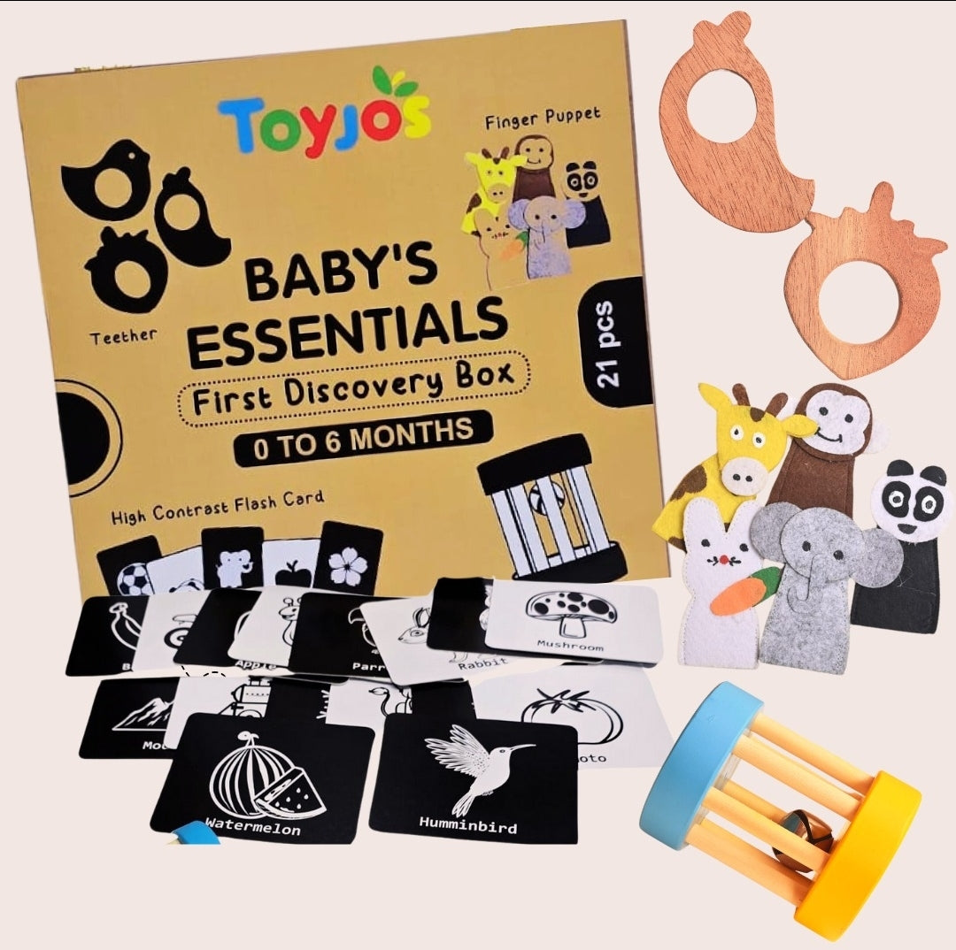 Toyjos Baby's Essentials –Wooden Teethers, Rattlers, High-Contrast Flashcards, Finger Puppets | Wooden Storage Box (0–12 Months)
