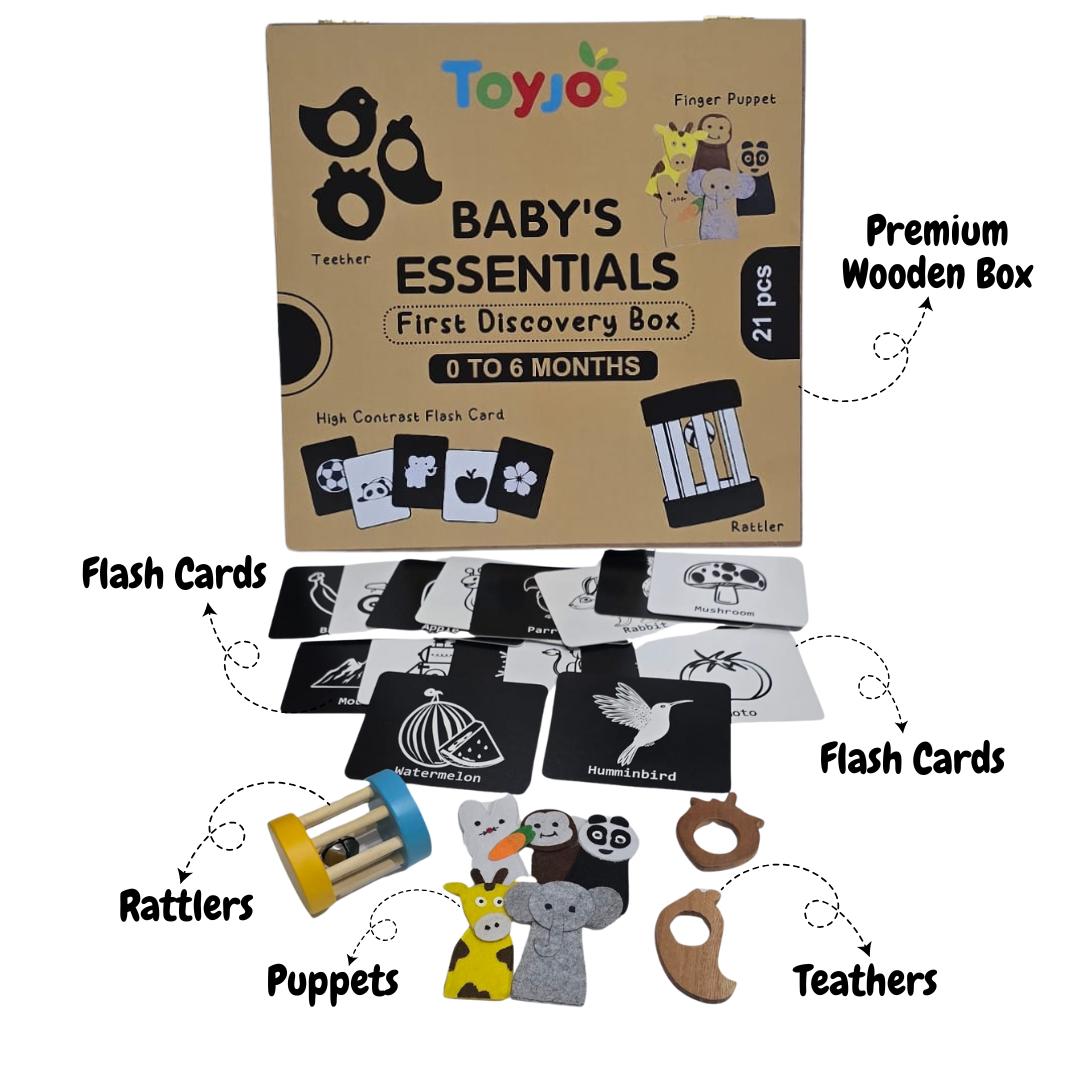 Toyjos Baby's Essentials –Wooden Teethers, Rattlers, High-Contrast Flashcards, Finger Puppets | Wooden Storage Box (0–12 Months)