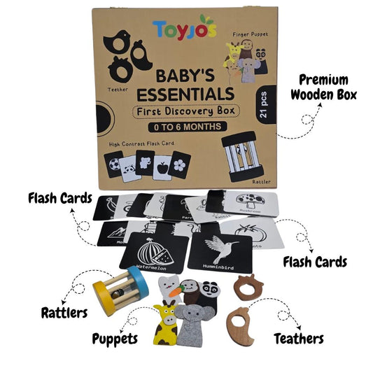Toyjos Baby's Essentials –Wooden Teethers, Rattlers, High-Contrast Flashcards, Finger Puppets | Wooden Storage Box (0–12 Months)
