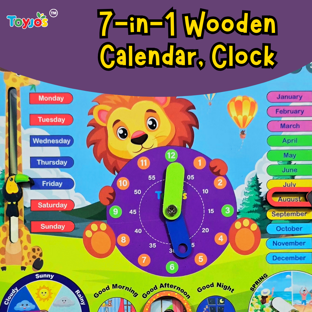 Toyjos 7-in-1 Wooden STEM Calendar, Clock, Weather & Seasons Learning Board for Kids.