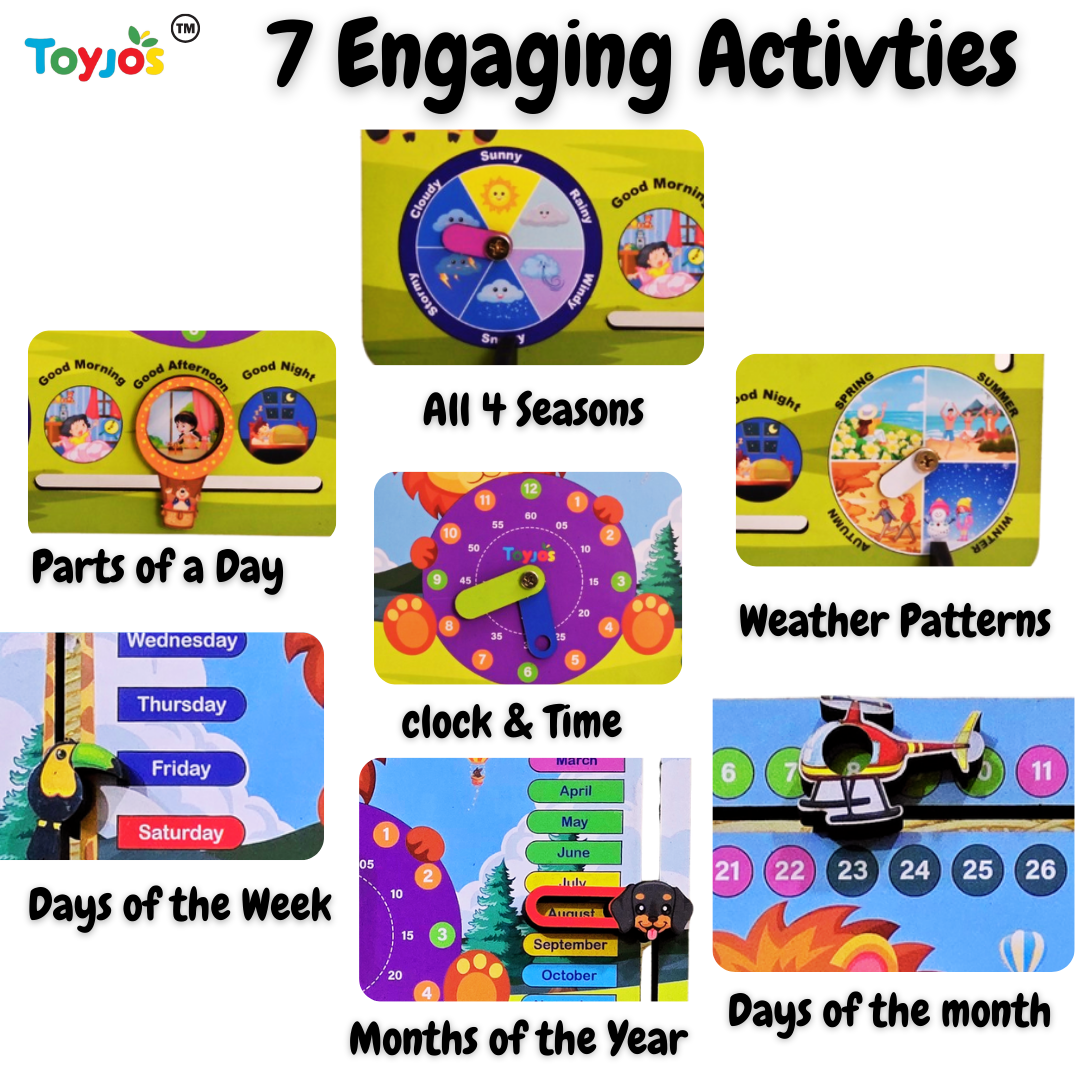 Toyjos 7-in-1 Wooden STEM Calendar, Clock, Weather & Seasons Learning Board for Kids.