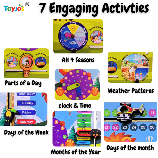 Toyjos 7-in-1 Wooden STEM Calendar, Clock, Weather & Seasons Learning Board for Kids.