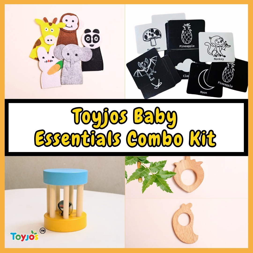 Toyjos Baby's Essentials –Wooden Teethers, Rattlers, High-Contrast Flashcards, Finger Puppets | Wooden Storage Box (0–12 Months)