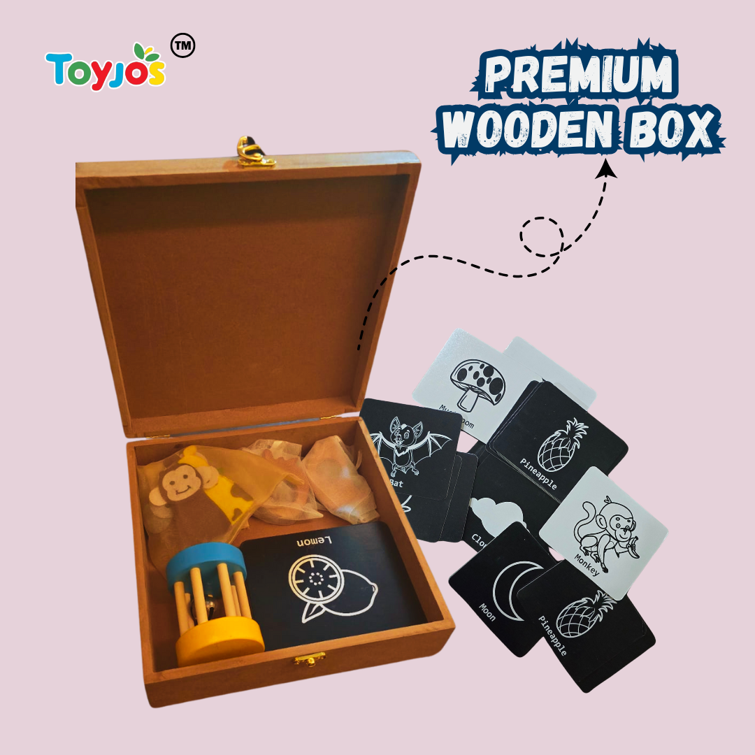 Toyjos Baby's Essentials –Wooden Teethers, Rattlers, High-Contrast Flashcards, Finger Puppets | Wooden Storage Box (0–12 Months)