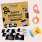 Toyjos Baby's Essentials –Wooden Teethers, Rattlers, High-Contrast Flashcards, Finger Puppets | Wooden Storage Box (0–12 Months)