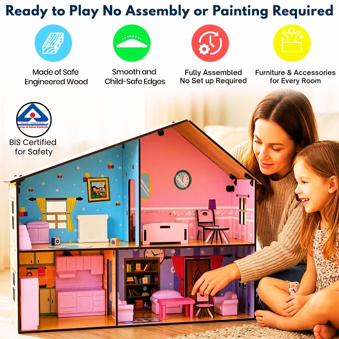 2-Story Wooden Doll house Playset with Furniture&  Accessories