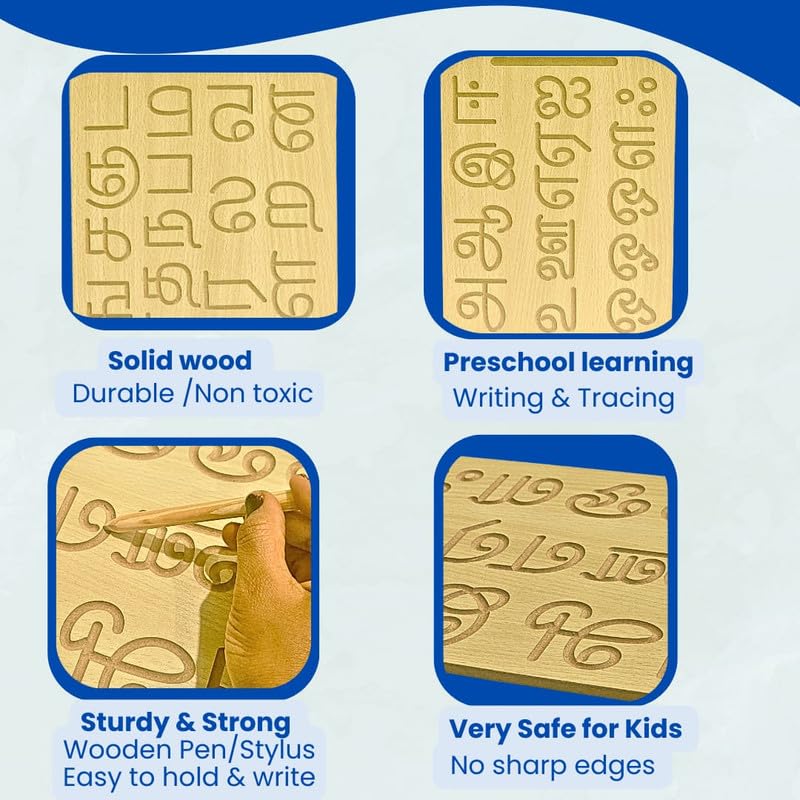 Wooden Tracing Board for Kids - Tamil Alphabet Letters Engraved Double-Sided Learning Tool - Montessori Learning Writing Slate with Stylus Pen for Ages 2–5 Years (Pack of 1)