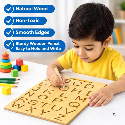 Wooden Tracing Board Combo Set for Kids | English, Math, Tamil Alphabet Letter Engraved Double-Sided Learning Tool | Montessori Learning Writing Slate with Stylus Pen for Ages 2–5 Years