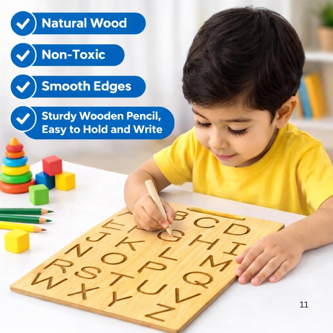 Wooden Alphabet & Number Tracing Boards with Tracing Pen | 2 Double-Sided Boards | Capital & Small Letters + Number Writing (1–20) & Roman Numerals | Montessori Learning Writing Slate (Age 2+)