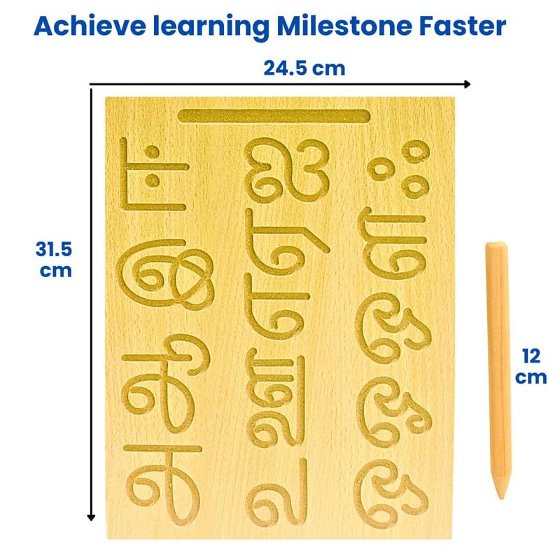 Wooden Tracing Board for Kids - Tamil Alphabet Letters Engraved Double-Sided Learning Tool - Montessori Learning Writing Slate with Stylus Pen for Ages 2–5 Years (Pack of 1)