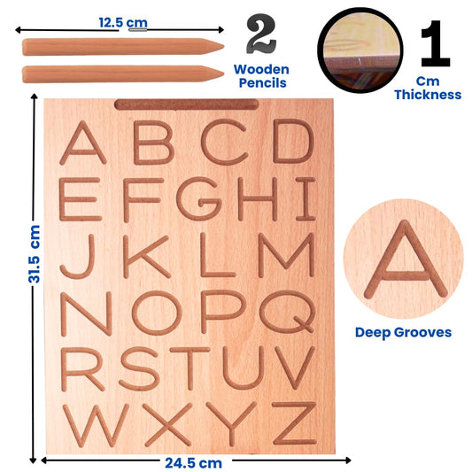 Wooden Alphabet & Number Tracing Boards with Tracing Pen | 2 Double-Sided Boards | Capital & Small Letters + Number Writing (1–20) & Roman Numerals | Montessori Learning Writing Slate (Age 2+)