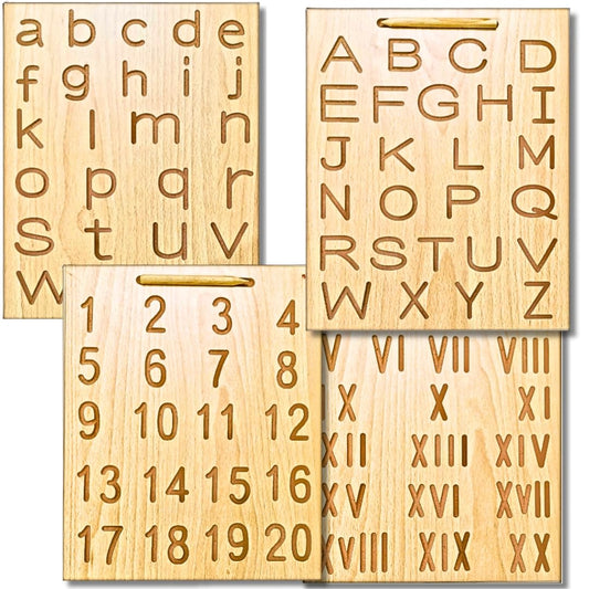 Wooden Alphabet & Number Tracing Boards with Tracing Pen | 2 Double-Sided Boards | Capital & Small Letters + Number Writing (1–20) & Roman Numerals | Montessori Learning Writing Slate (Age 2+)