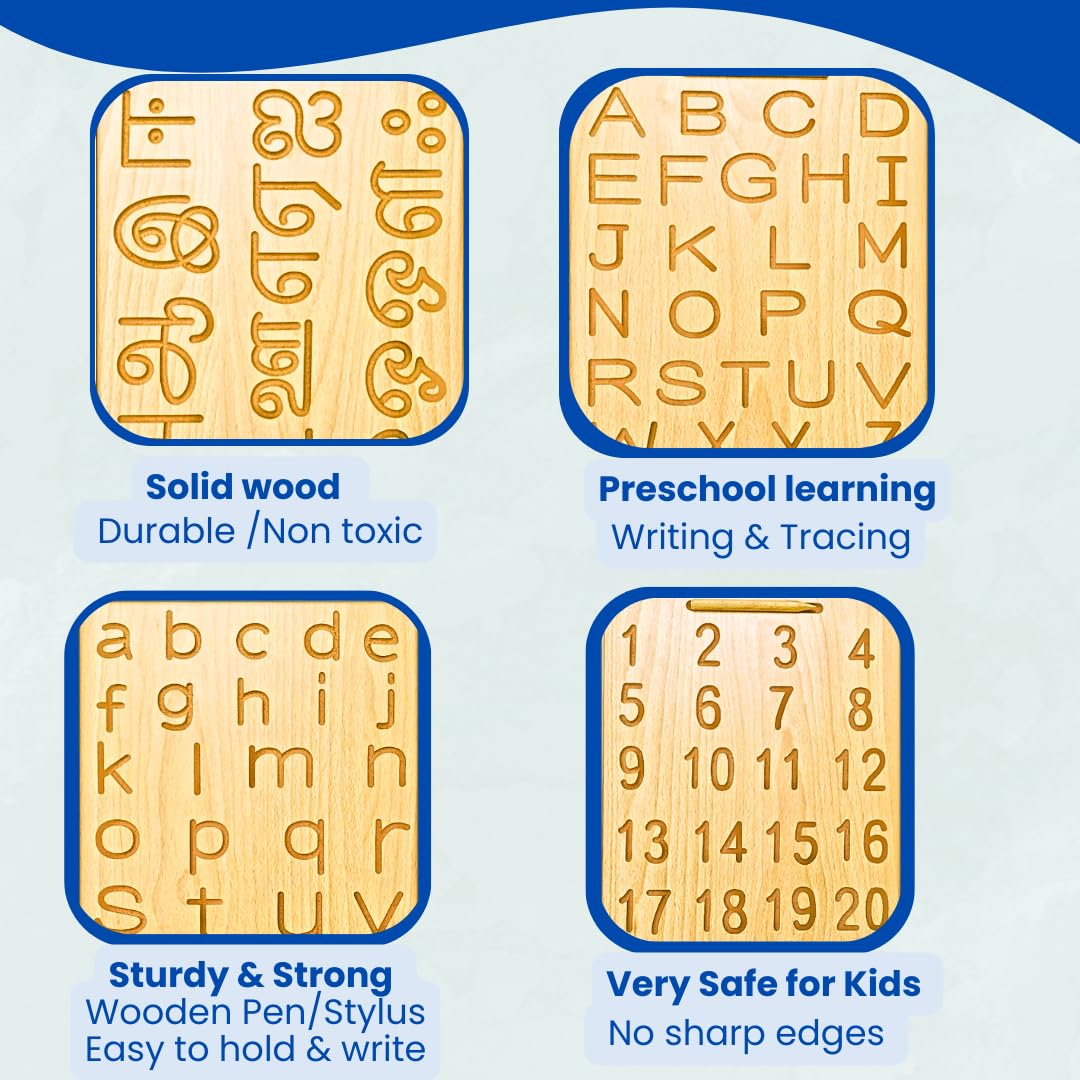 Wooden Tracing Board Combo Set for Kids | English, Math, Tamil Alphabet Letter Engraved Double-Sided Learning Tool | Montessori Learning Writing Slate with Stylus Pen for Ages 2–5 Years